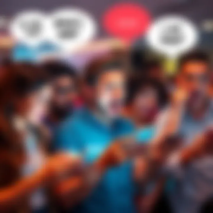 A group of people looking shocked while browsing on their phones, with speech bubbles showing reactions like confusion and laughter.