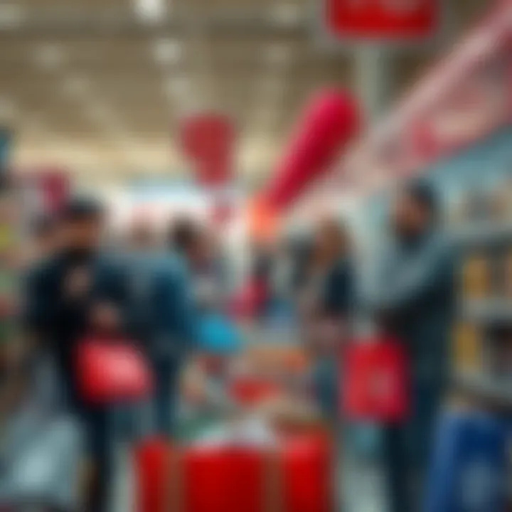 A group of people discussing parcel purchases in a busy store aisle with shopping bags and carts around them