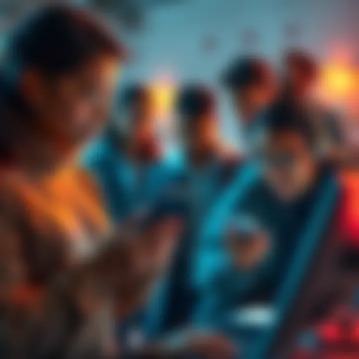 People using new technology A group of diverse people engaging with various technologies, including smartphones and computers, showcasing the impact of mass adoption in 2025.
