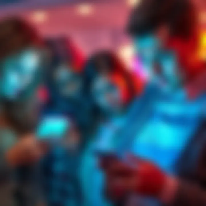 A group of people looking at their phones showing delayed bank transactions, expressing frustration over waiting for deposits to clear
