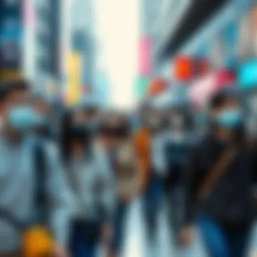 Group of people in a city wearing masks while walking