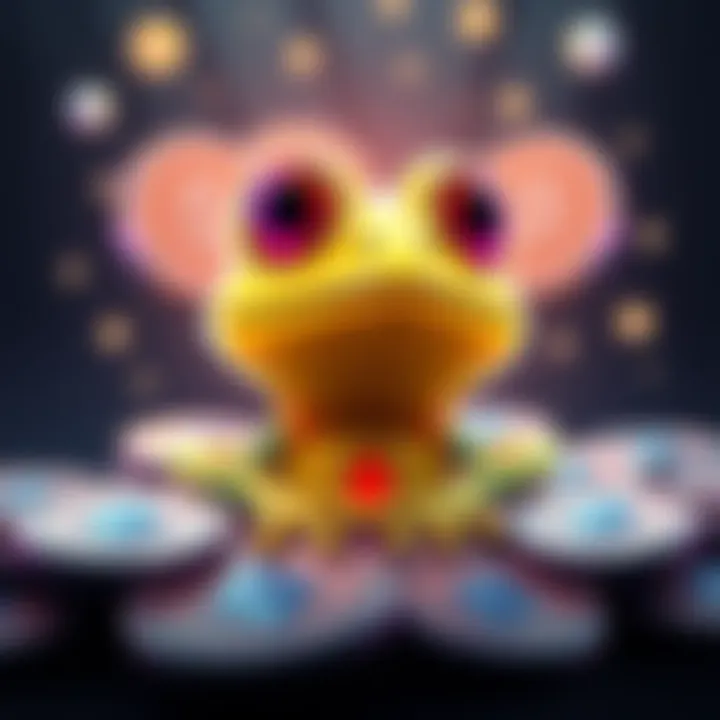 Cartoon frog character Pepe surrounded by digital coins featuring the $PEEPEE logo, representing the connection to meme culture and cryptocurrency.