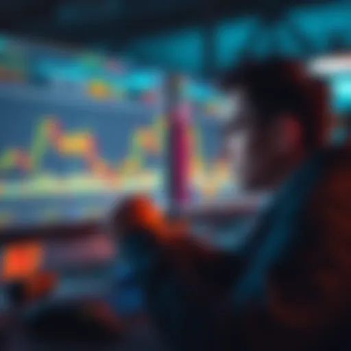 A focused individual analyzing cryptocurrency price trends on a computer screen with charts and graphs.