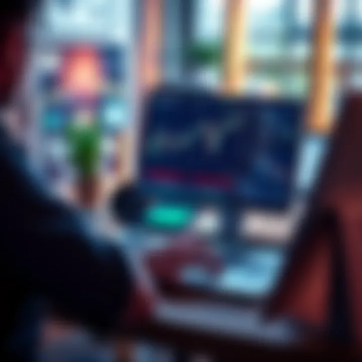 Individual examining altcoin market trends on a laptop in a bright workspace
