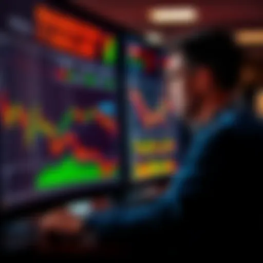 A person looking at stock market charts on a computer screen, displaying a recent decline in values and market trends, with a thoughtful expression.