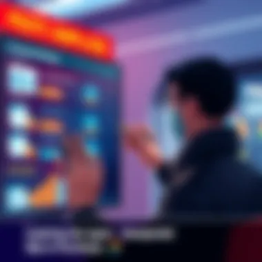 Illustration of a person analyzing purchase options A person looking at different purchase options on a digital screen, showing various prices and discounts.