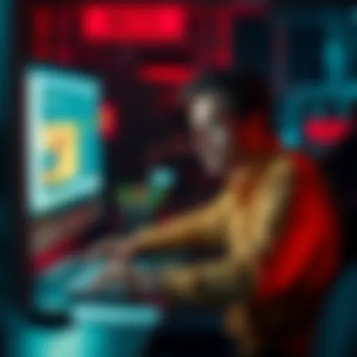 A person sits at a desk, looking carefully at their computer screen while checking email for potential scams, with a concerned expression.