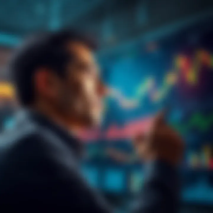 A person looking at financial charts and thinking about investing money, with a focused expression.