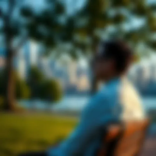 A person sitting on a park bench, looking relaxed and enjoying the fresh air with a city skyline in the background.