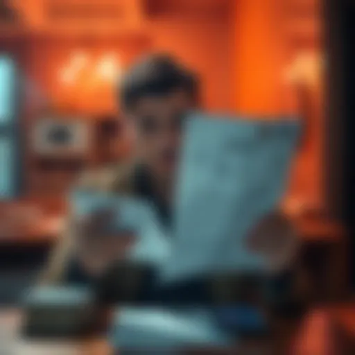 A concerned individual reviewing bank documents to address financial loss from a crypto scam.