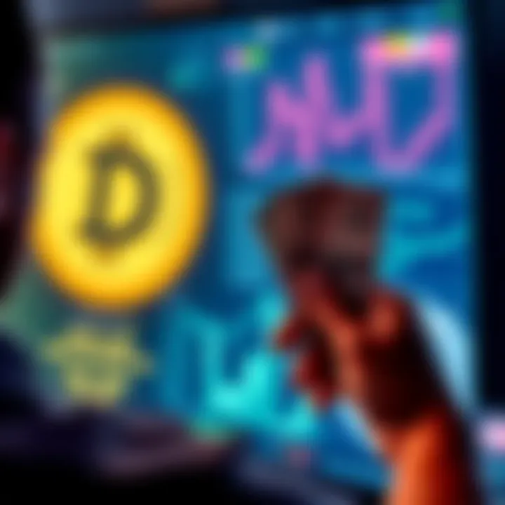A person looks at a digital Dogecoin symbol on a screen while holding cash in their hand, showing the tension of investing life savings in cryptocurrency.