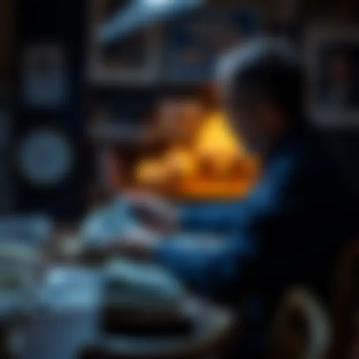 A person sitting at a table, gazing at a stack of old photographs, reflecting on memories from the past.