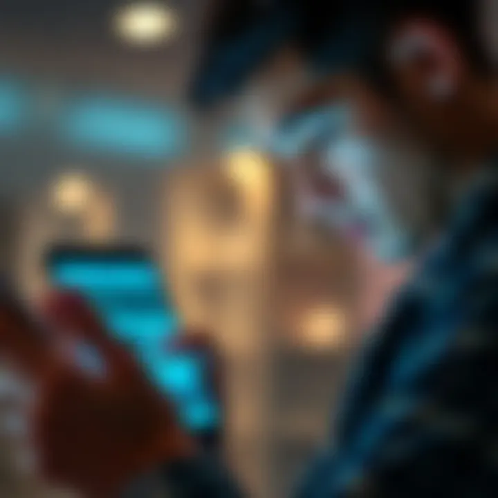 A person looking at a smartphone, reading news articles with a thoughtful expression.