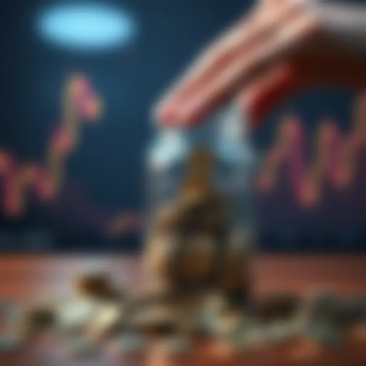 A person gathering coins in a clear jar, symbolizing their investment journey, with a financial graph in the background showing growth.