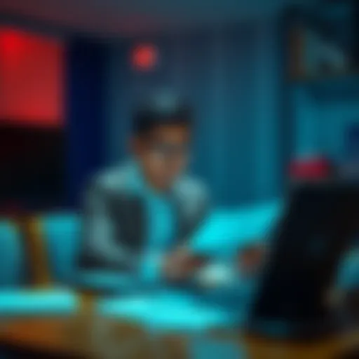 Individual looking for legal advice after losing money in a crypto scam, sitting at a desk with a laptop and documents.