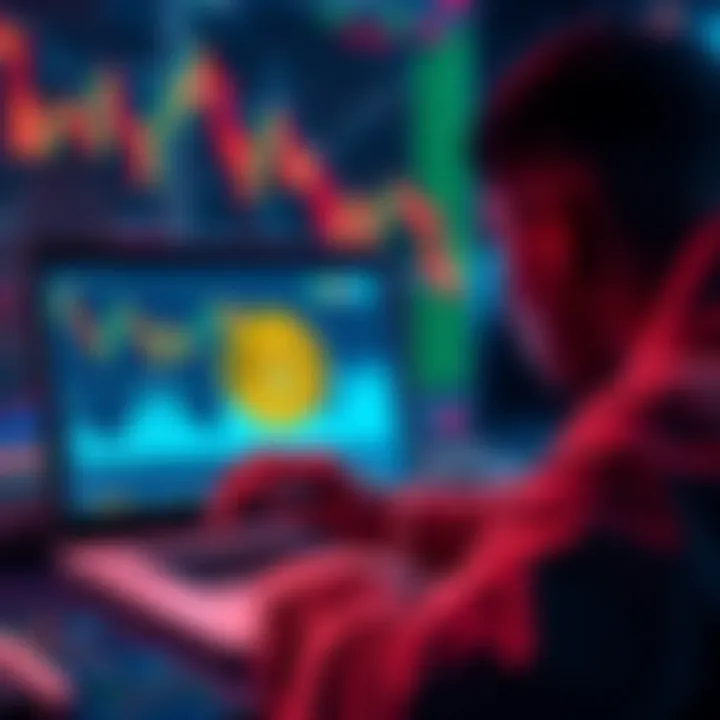 A person reviewing their investments on a laptop, with a Bitcoin symbol prominently displayed on the screen and stock charts in the background.