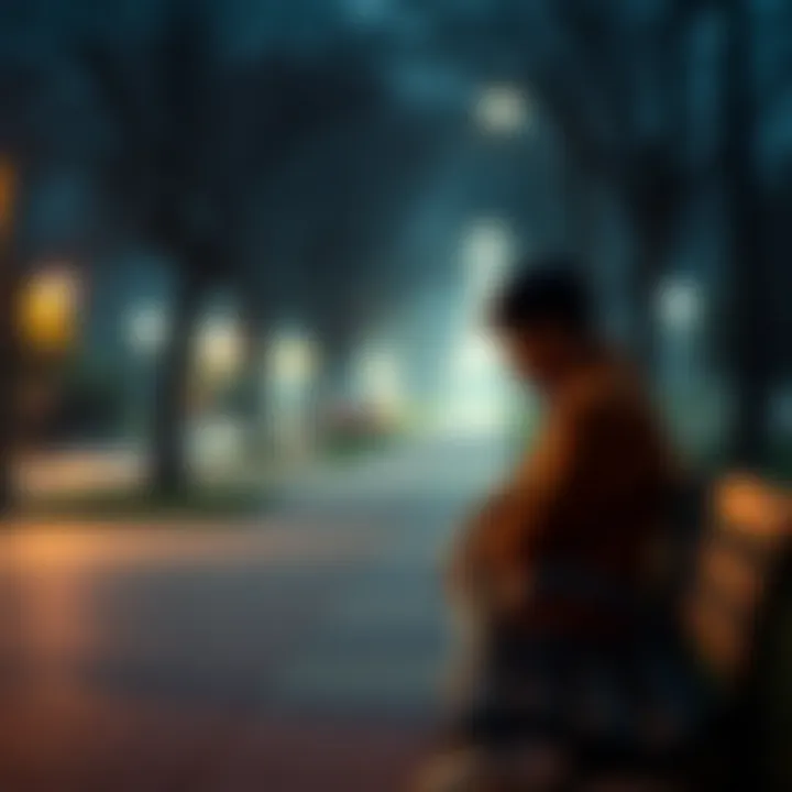 A person sitting alone on a park bench with a tired expression, feeling stuck and drained, surrounded by a quiet park setting.