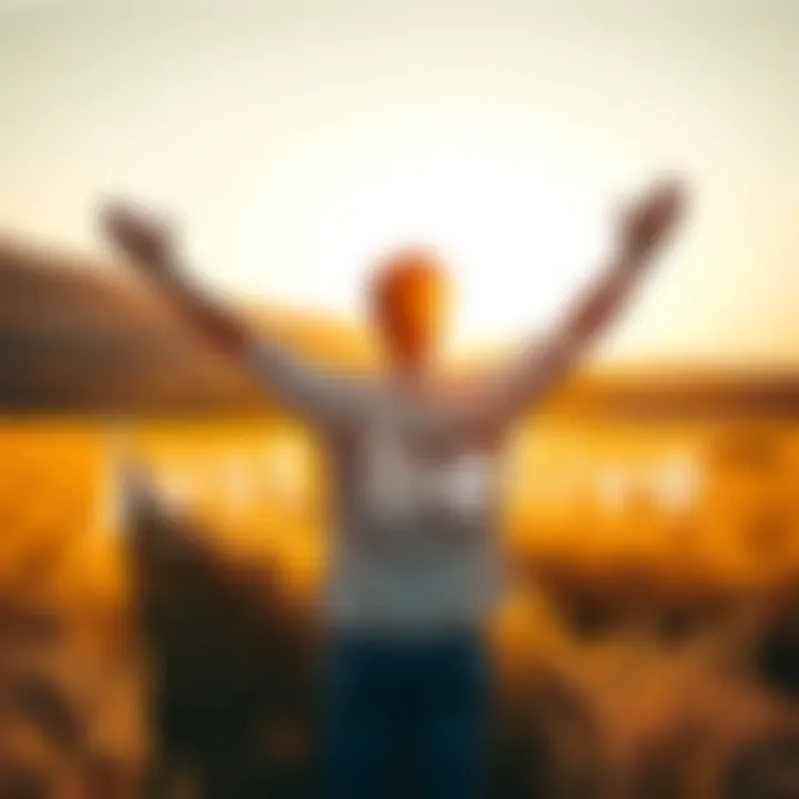 A person standing with arms raised in a field A person joyfully standing in a sunny field with arms raised, symbolizing faith and belief