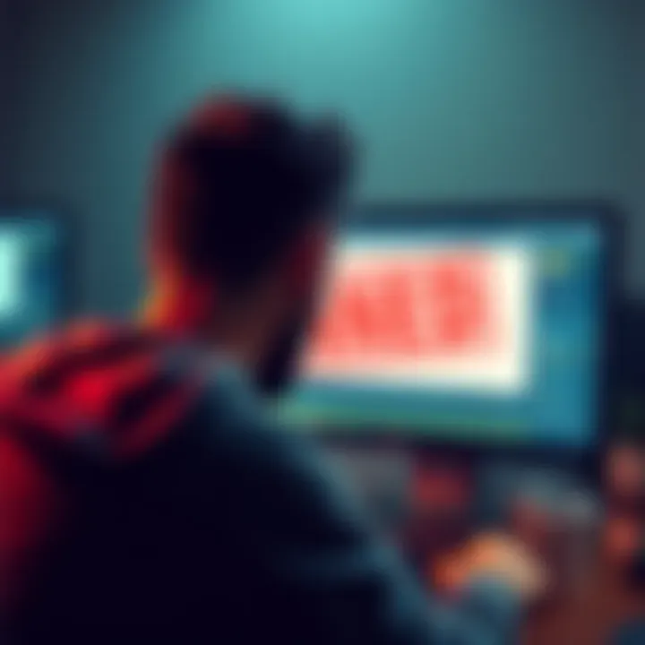 A frustrated person looking at a computer screen displaying a ban message from the Buttcoin forum.
