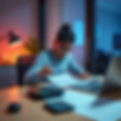 A person sitting at a desk with a calculator, tax forms, and a laptop, preparing for tax season in 2025