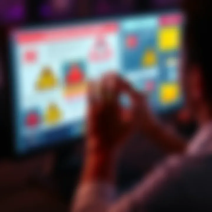 A person looking at a computer screen with warning signs of scams, highlighting fraud indicators and red flags.