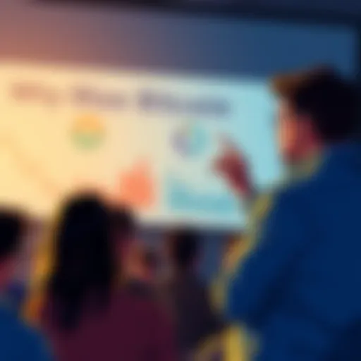 A person standing in front of a group, trying to explain Bitcoin using charts and graphs, with puzzled expressions on the audience's faces.