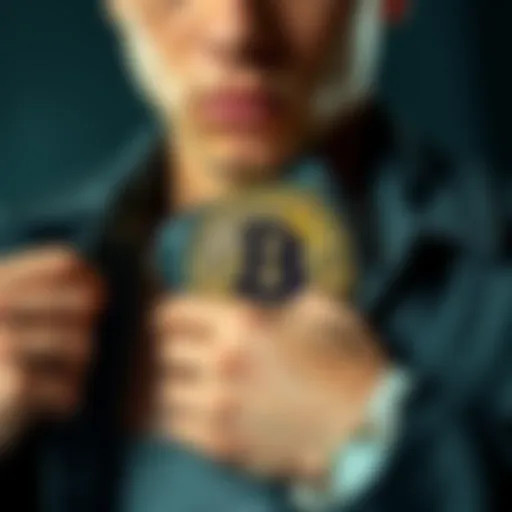 A person conceals a Bitcoin wallet, symbolizing the need for privacy. They look cautious, suggesting the importance of protecting crypto assets.