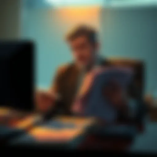 A person sitting at a desk with charts and graphs, looking worried while holding a stack of papers labeled LTC investments, symbolizing a risky financial decision.