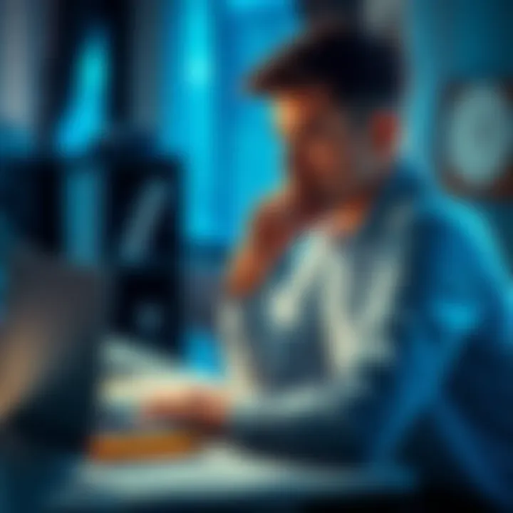 A person sitting at a desk with a thoughtful expression, looking at notes and a laptop, symbolizing self-doubt and decision-making challenges.