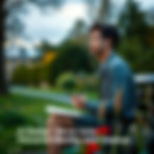 A person sitting on a bench, looking contemplative while surrounded by nature, with a notebook in hand to jot down thoughts about personal identity and choices