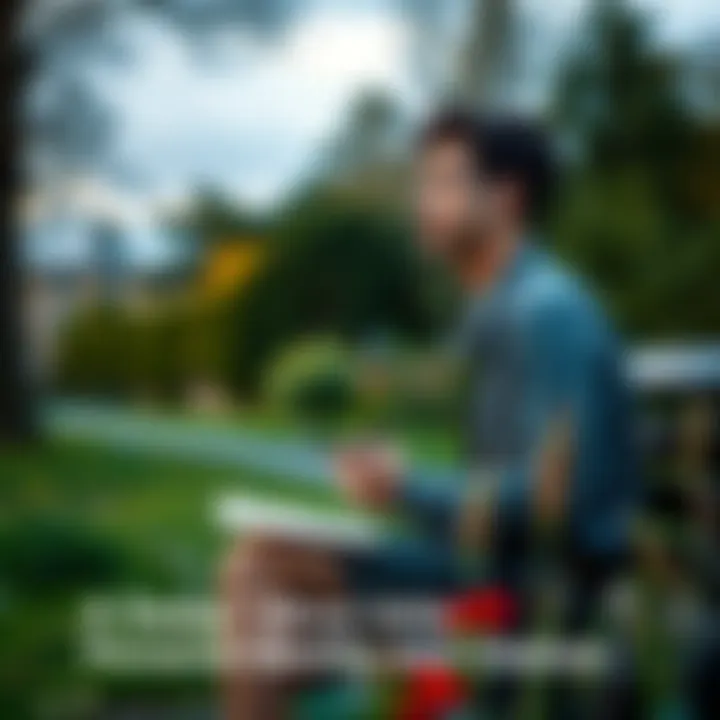 A person sitting on a bench, looking contemplative while surrounded by nature, with a notebook in hand to jot down thoughts about personal identity and choices