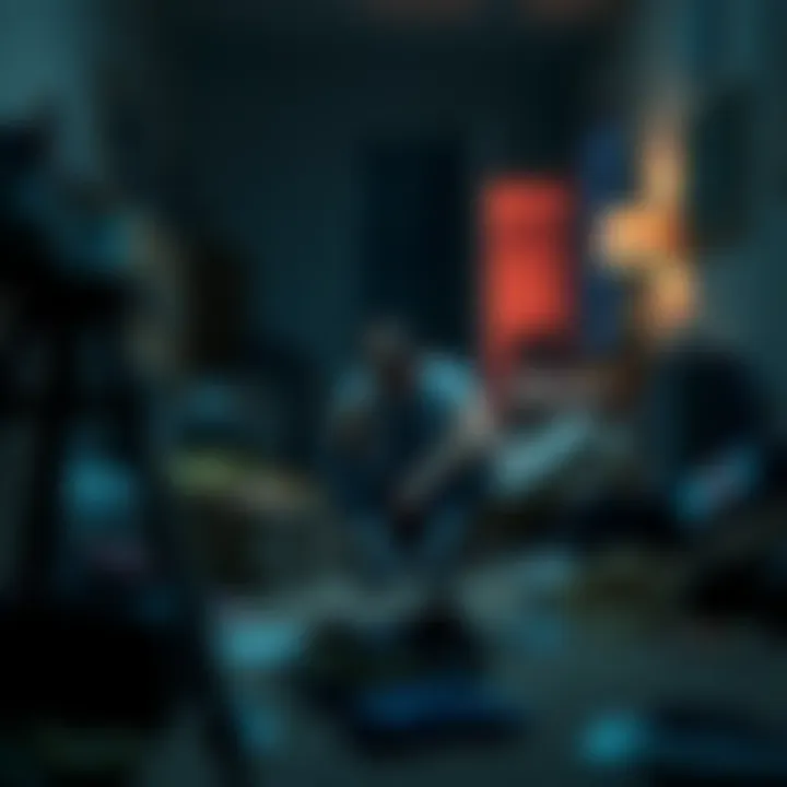 Person Reflecting on Loss A person sitting alone in a dimly lit room, looking distressed and lost in thought, surrounded by personal belongings in disarray.