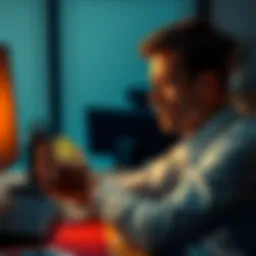 Individual sitting at a desk, looking worried while holding a smartphone displaying the Bitcoin logo