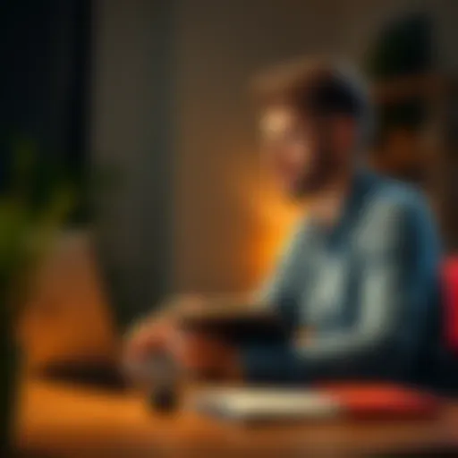 A person sitting at a table with a laptop and notebook, looking determined while tracking their savings