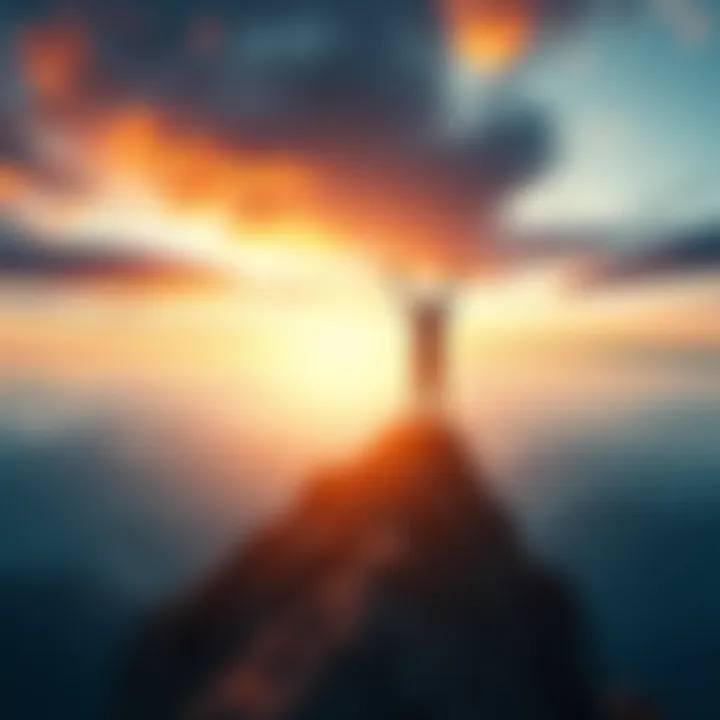 A person standing on a mountain peak with arms raised in triumph, symbolizing personal sovereignty and freedom gained through Bitcoin.