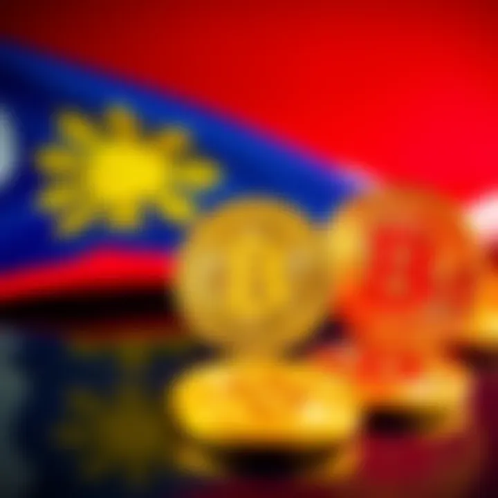 A digital representation of Bitcoin symbols with the Philippine flag in the background, showcasing the country's plan for a Bitcoin reserve.