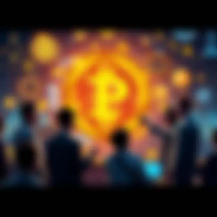A diverse group of people discussing the challenges and opportunities of Pi's MainNet launch, surrounded by digital imagery representing technology and cryptocurrency.