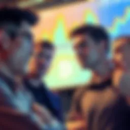 A group of concerned individuals discussing the Pi Network controversy, with worried expressions and charts in the background.