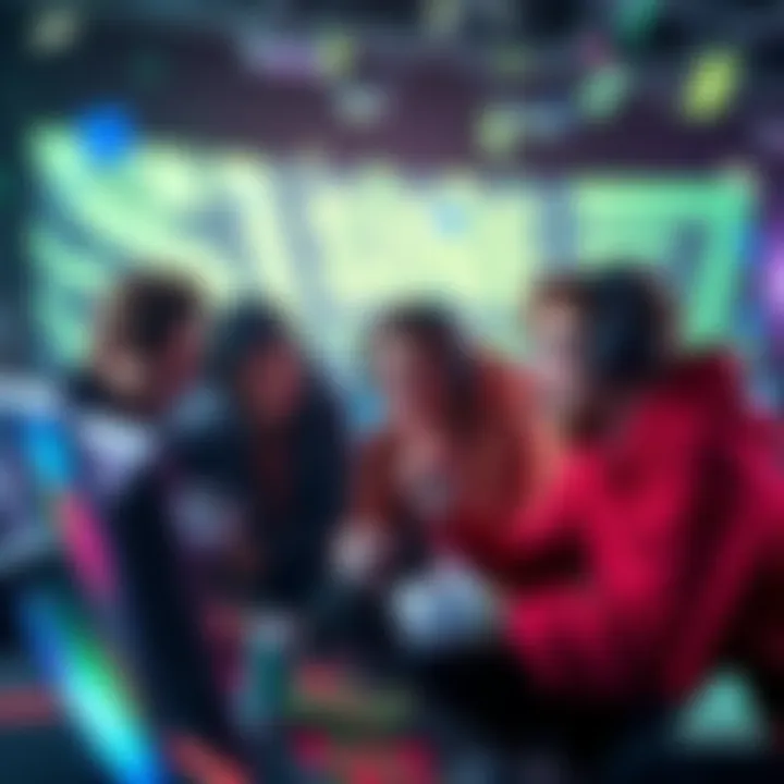 A group of gamers excitedly discussing their earnings from a new game, with gaming gear and dollar signs in the background