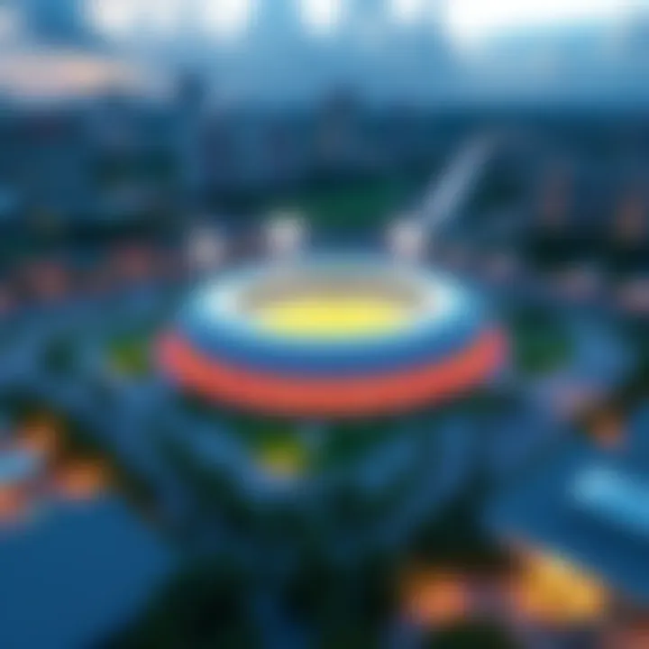 Rendering of the Polkadot Stadium surrounded by green spaces and community areas in Miami Freedom Park