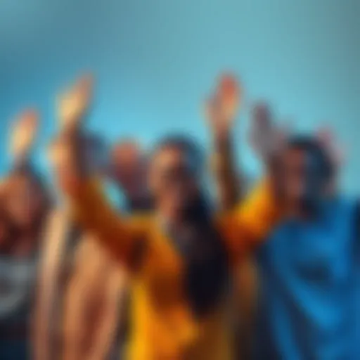 A group of diverse people smiling and celebrating their achievements with raised hands, representing success and positivity.