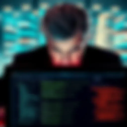 A symbolic representation of a President looking over a computer screen displaying lines of code and digital contracts, symbolizing control over open source software.