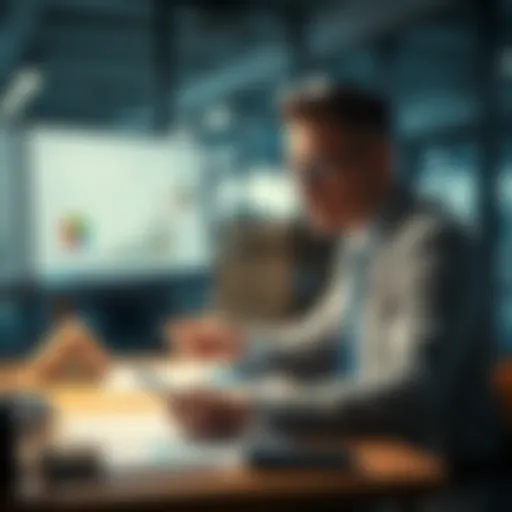 A sales person analyzing product prices and market trends at a desk with charts and graphs