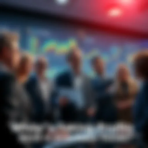 Group of business people discussing financial trends with charts and graphs in the background