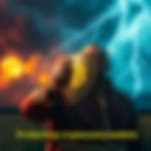 A person securing a cryptocurrency wallet with a shield, symbolizing protection against geomagnetic storms, against a backdrop of stormy skies and lightning.