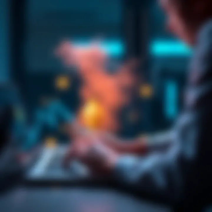 A person securing their Exodus Wallet against a dust attack with a laptop and digital graphics representing Ethereum security.