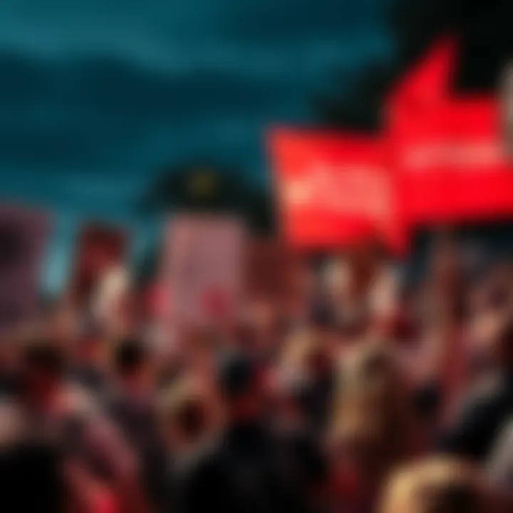 Protests and Cryptocurrency Connection People protesting with signs, some holding symbols of Bitcoin and altcoins, highlighting the connection between activism and cryptocurrency during unrest.