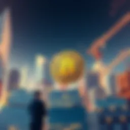 Illustration of public companies investing in Bitcoin, symbolized by a Bitcoin logo surrounded by office buildings, reflecting corporate interest in cryptocurrency.