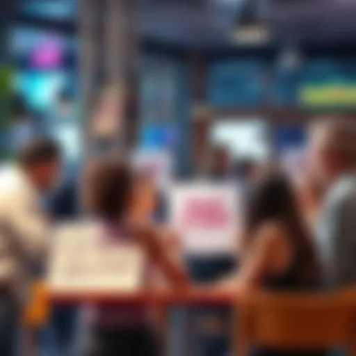 A group of people discussing the impact of publicity in a cafe, with one person holding a sign that says 'Good or Bad?'
