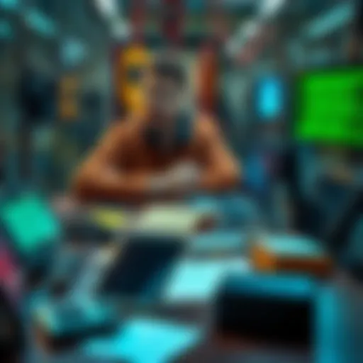 A person discussing quantum security ideas at a table, surrounded by technology devices and notes, emphasizing future safety measures.